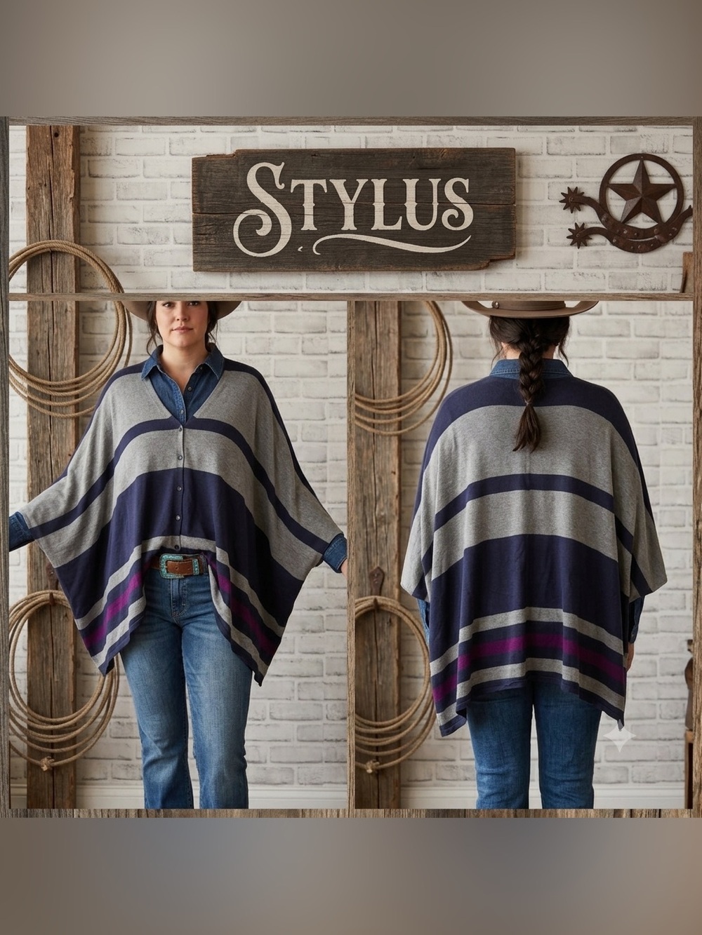 Stylus Wool Blend Stripped Button Up Poncho Sweater S/M